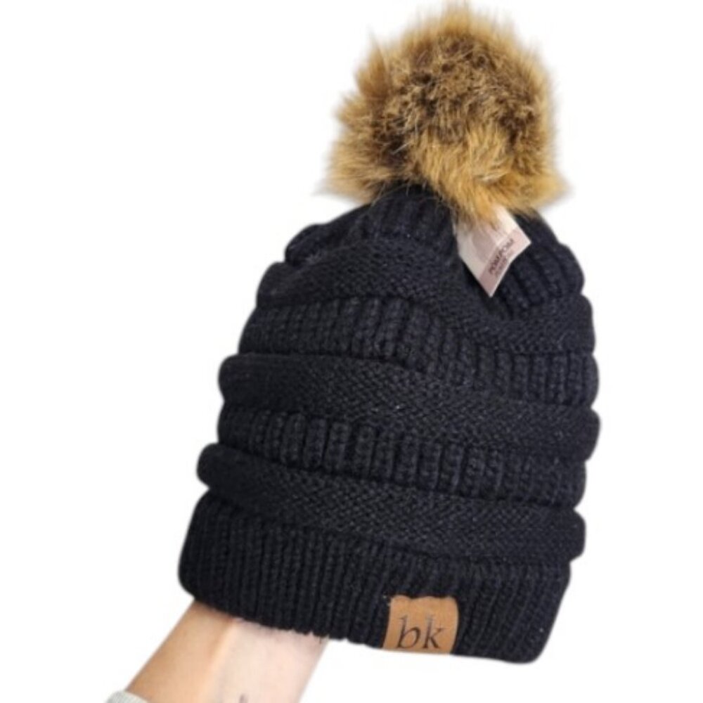 BK black faux fur cable knit pom pom toque beanie